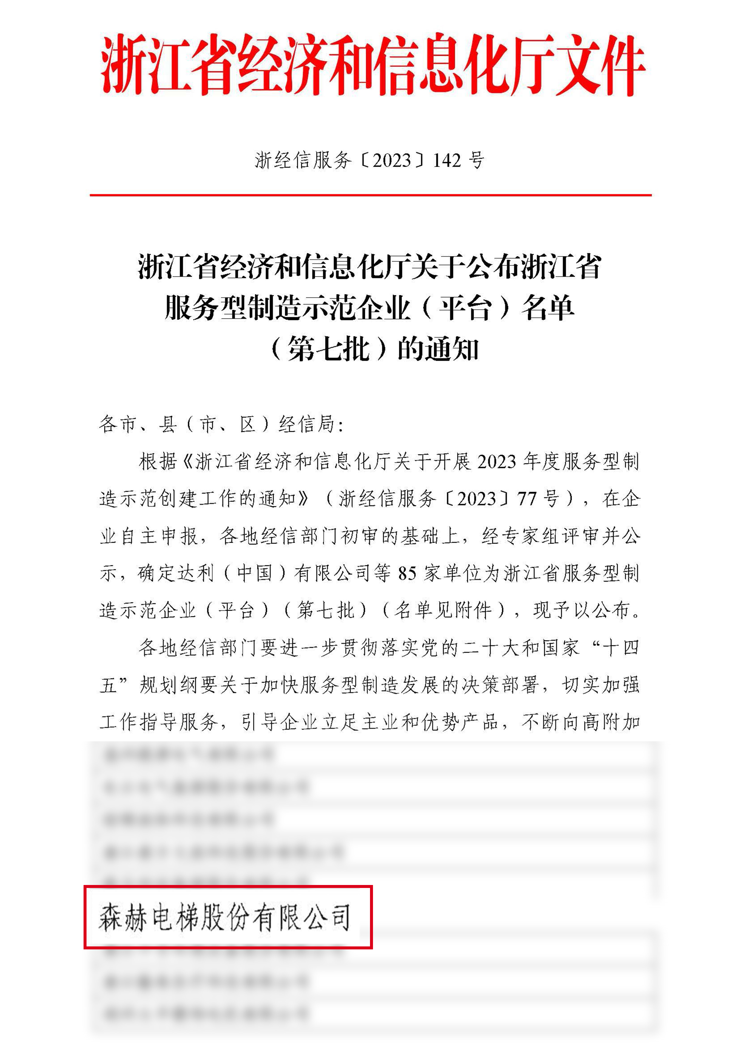 森赫电梯获评“浙江省服务型制造示范企业”